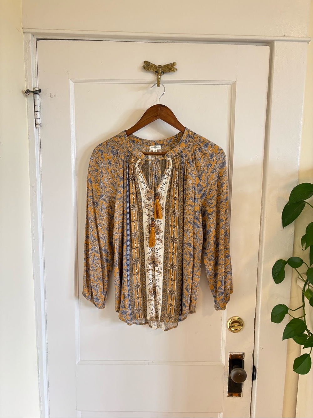 Mason‎ & Belle Bohemian Floral Peasant Blouse with Tasseled Neck Ties Medium